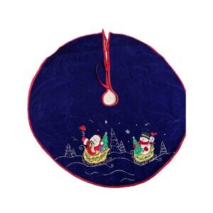 Christmas Tree Skirt embroidered Santa Claus and a snowman in sleds  Velvet